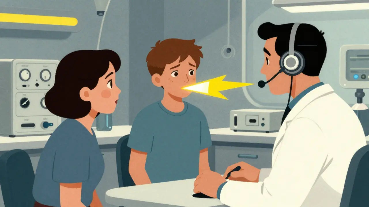 Teenager struggling to interpret for parents in futuristic clinic