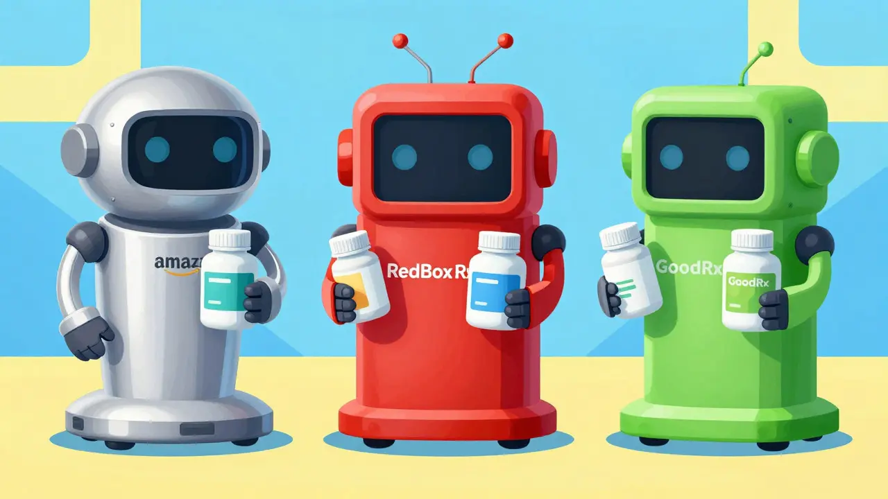 Three colorful futuristic robots holding pill bottles, representing online pharmacy options.