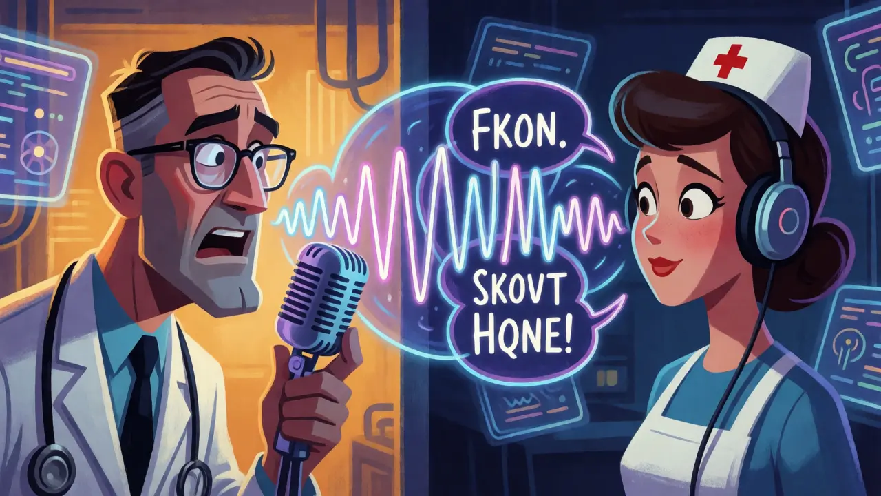 A doctor speaking into a mic and a nurse listening, with chaotic neon sound waves merging to show audio confusion.