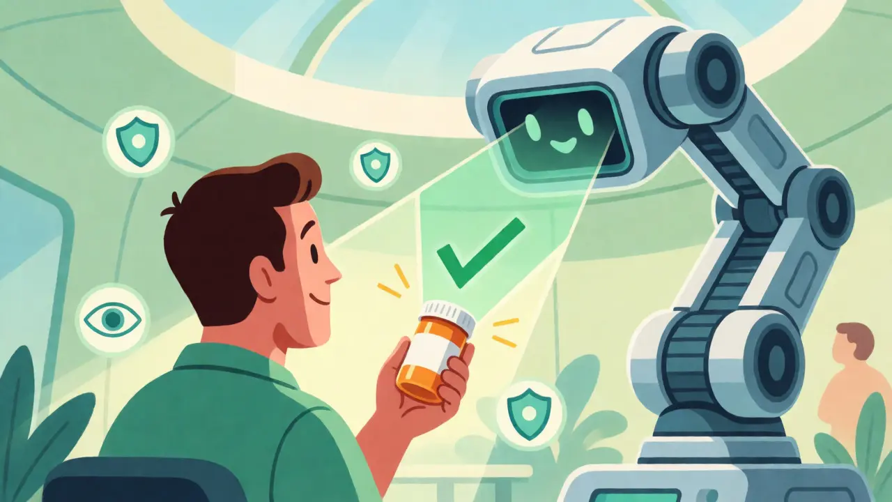 A patient holding a pill bottle while a futuristic robot scans it, projecting a green approval hologram.