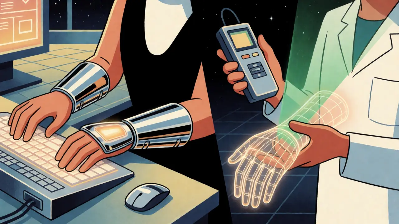 A person wearing a glowing wrist splint while using a futuristic medical scanner to check their nerve health.