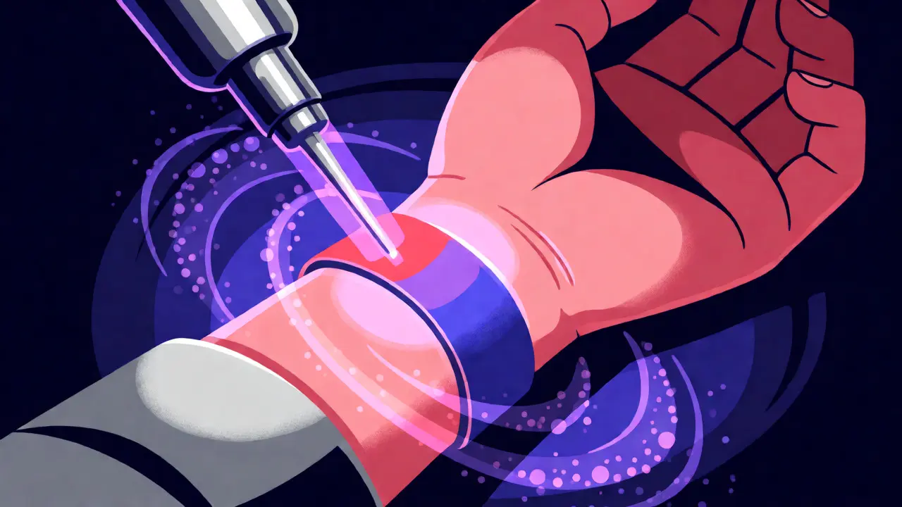 Futuristic surgical tool cutting the carpal ligament to relieve pressure on the glowing median nerve.